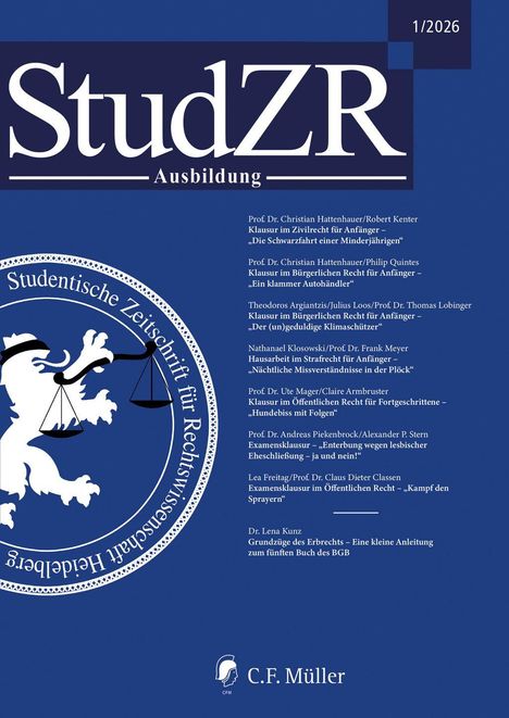 StudZR Ausbildung, 1/2026. Themen: Zivilrecht, öffentliches Recht, Erbrecht. Herausgeber: C.F. Müller. Kreislogo: Löwe mit Waage.