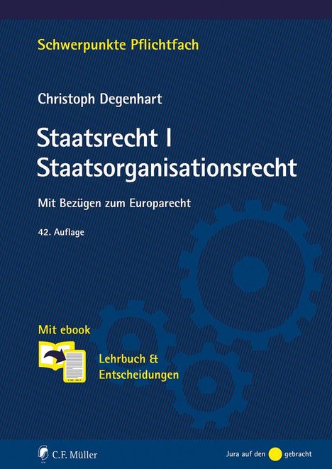 "Staatsrecht I Staatsorganisationsrecht", 42. Auflage, gelber Text auf blauem Hintergrund, Zahnrad-Grafik.