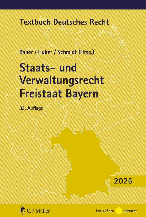 Buchcover mit Text: "Textbuch Deutsches Recht", "Staats- und Verwaltungsrecht Freistaat Bayern", gelbe Karte Bayerns.