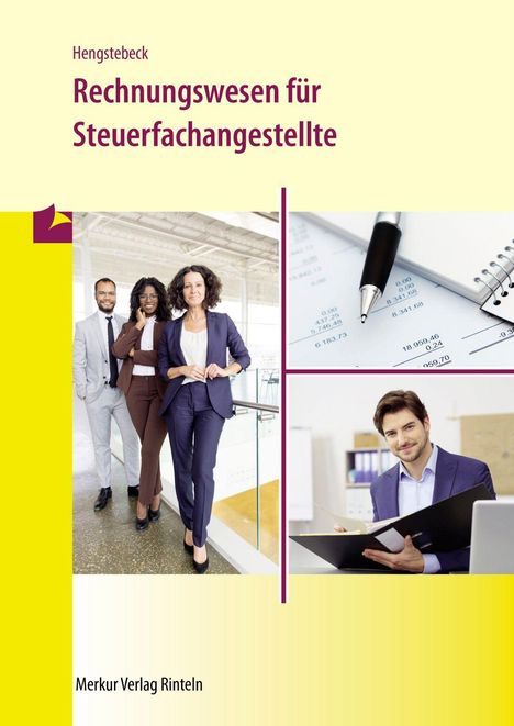 Cover von "Rechnungswesen für Steuerfachangestellte". Drei Personen in Business-Kleidung, Notizbuch und Stift, Mann mit Ordner.