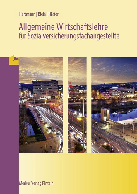 Allgemeine Wirtschaftslehre für Sozialversicherungsfachangestellte. Stadt bei Nacht, gelb-violetter Streifen links.