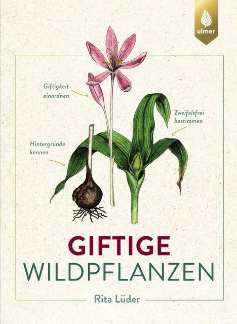 „Giftigkeit einordnen“, „Hintergründe kennen“, „Zweifelsfrei bestimmen“, Titel: „Giftige Wildpflanzen“ von Rita Lüder. Illustration einer Pflanze. Logo oben rechts.