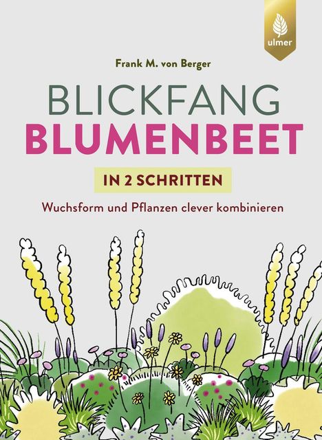 Logo von "ulmer". Titel: Blickfang Blumenbeet. Untertitel: In 2 Schritten. Illustration eines bunten Blumenbeets.