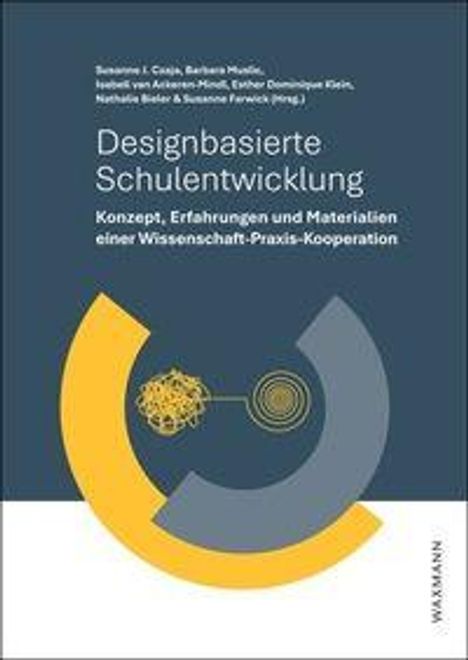 Blauer Hintergrund, darauf der Titel: "Designbasierte Schulentwicklung". Gelbe und graue Kreise als grafische Elemente.