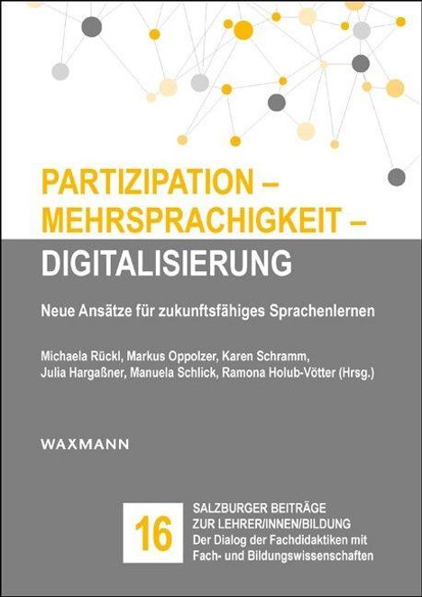 "Partizipation – Mehrsprachigkeit – Digitalisierung" steht in großen Buchstaben oben, darunter weitere Texte. Geometrisches Muster.