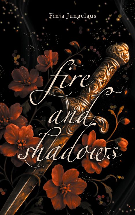 "fire and shadows", "Finja Jungclaus". Goldverzierter Dolch, orange Blumen auf schwarzem Hintergrund.