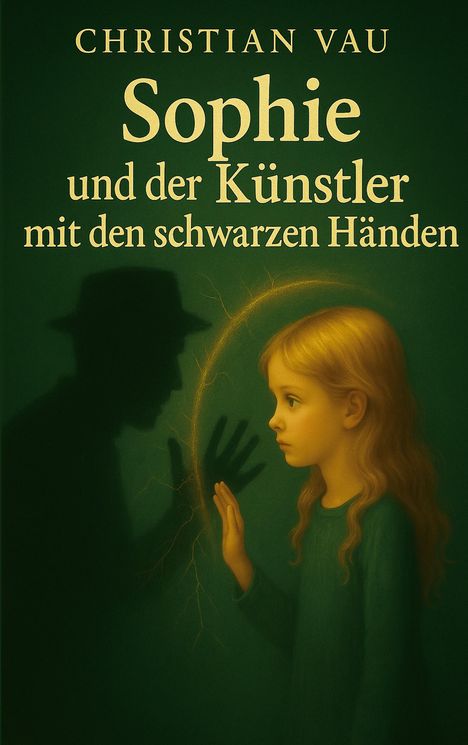 Text: "Christian Vau, Sophie und der Künstler mit den schwarzen Händen". Illustration: Kind berührt Schattenwand.