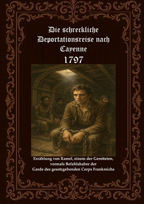 Titel und Jahr: "Die schreckliche Deportationsreise nach Cayenne 1797". Illustration: Männer in Ketten im Schiff.