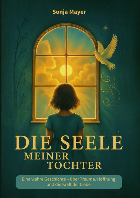 „Sonja Mayer. DIE SEELE MEINER TOCHTER. Eine wahre Geschichte – über Trauma, Hoffnung und die Kraft der Liebe.“ 

Mädchen vor Fenster mit Sonnenschein und Taube.