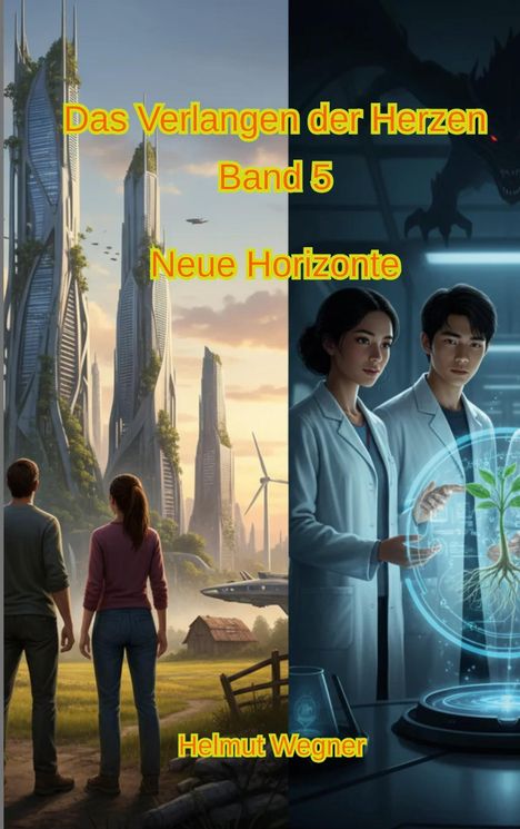 Text: "Das Verlangen der Herzen Band 5 Neue Horizonte Helmut Wegner." Links futuristische Stadt, rechts Forscher mit Hologramm.
