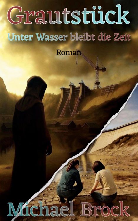 „Grautstück: Unter Wasser bleibt die Zeit“. Zwei Szenen: eine dunkle Gestalt vor Staudamm, zwei Personen am Ufer kniend.
