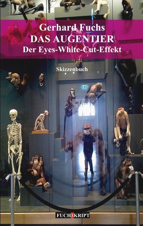 Titel: "Gerhard Fuchs - Das Augentier", Untertitel: "Der Eyes-White-Cut-Effekt", "Skizzenbuch". Affen und Skelette in einem Museum.