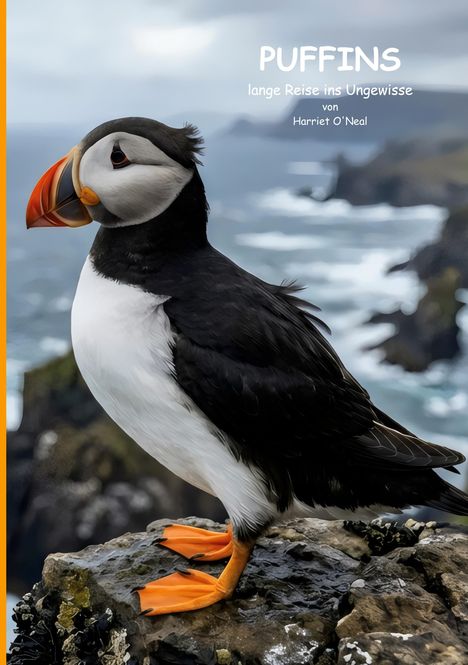 "Puffins: lange Reise ins Ungewisse von Harriet O'Neal." Ein Papageitaucher auf einer Felsküste mit Meer im Hintergrund.