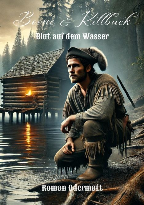 "Boone & Killbuck: Blut auf dem Wasser" und "Roman Odermatt". Ein Mann in Lederkleidung hockt am Ufer vor einer Blockhütte.