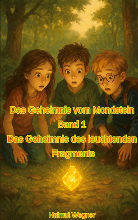„Das Geheimnis vom Mondstein Band 1“ Text. Drei Kinder betrachten ein leuchtendes Fragment. Dichte Bäume im Hintergrund.