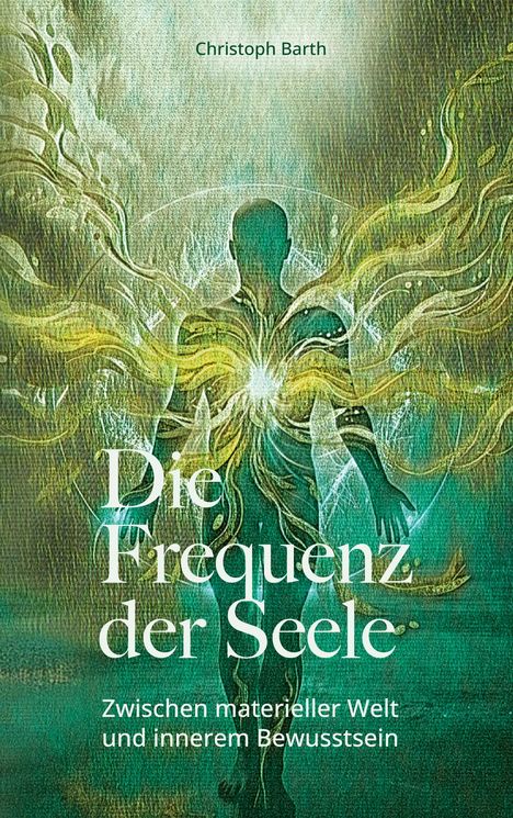 "Die Frequenz der Seele. Zwischen materieller Welt und innerem Bewusstsein. Christoph Barth." Silhouette vor leuchtendem Hintergrund.