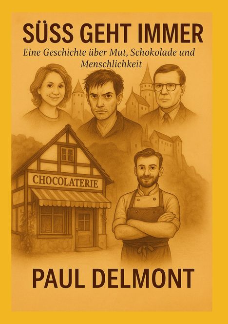 SÜSS GEHT IMMER. Eine Geschichte über Mut, Schokolade und Menschlichkeit. Paul Delmont. Illustration: Vier Personen, Chocolaterie.