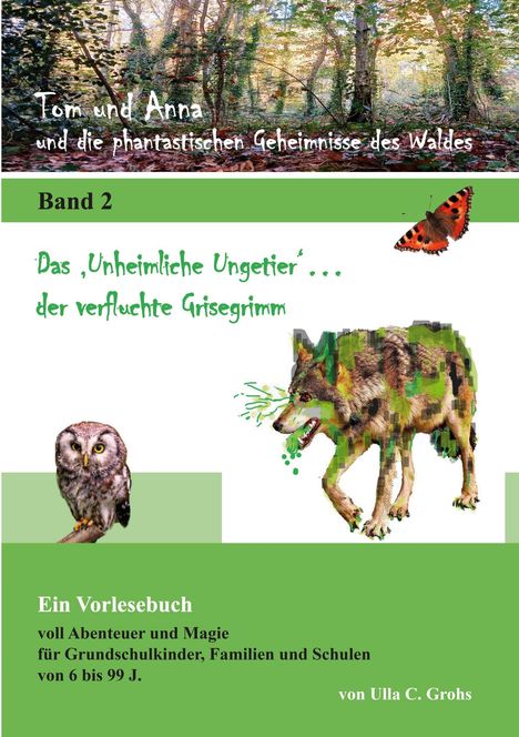 Titel: "Tom und Anna und die phantastischen Geheimnisse des Waldes". Band 2. Illustration mit Wald, Wolf, Eule und Schmetterling.
