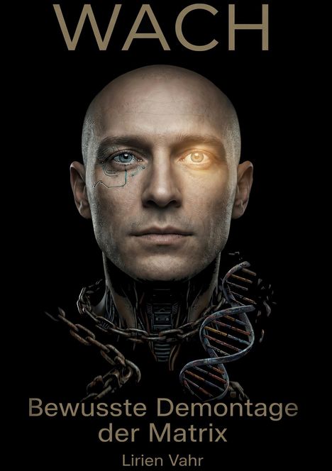 "WACH. Bewusste Demontage der Matrix. Lirien Vahr." Ein Mann mit kybernetischen Merkmalen, Ketten und DNA-Strang.