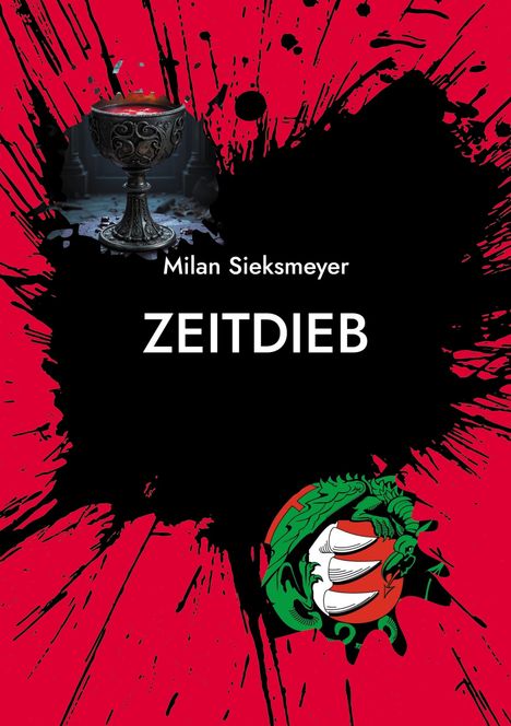 "Milan Sieksmeyer. ZEITDIEB." Ein Siegel mit Drache. Dunkle Farbkleckse auf rotem Hintergrund.
