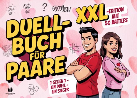 "Duell-Buch für Paare", "XXL-Edition mit 50 Battles", "1 gegen 1 - ein Duell - ein Sieger". Illustration: Paar im roten und rosa Shirt.