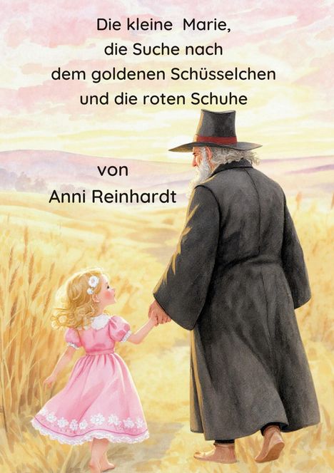 Illustration mit einem alten Mann und einem kleinen Mädchen in einem rosa Kleid, Hand in Hand in einem Weizenfeld.