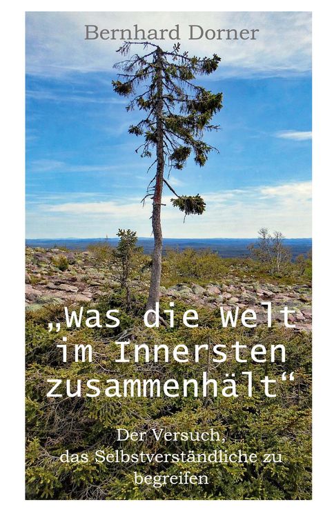 Bernhard Dorner; „was die welt im Innersten zusammenhält“. Ein einsamer Baum in felsiger Landschaft unter blauem Himmel.