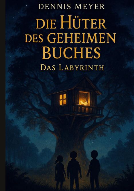 "Dennis Meyer, Die Hüter des geheimen Buches: Das Labyrinth." Ein Baumhaus leuchtet im Dunkeln, drei Kinder schauen es an.