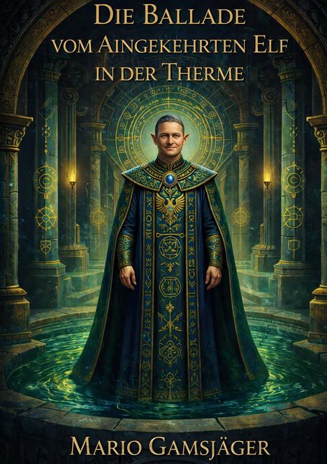 „Die Ballade vom Aingekehrten Elf in der Therme“ und „Mario Gamsjäger“ in goldener Schrift. Elf in reich verziertem Gewand.