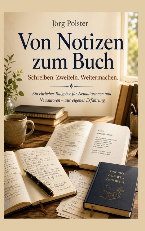 „Von Notizen zum Buch“ von Jörg Polster. Ratgeber für neue Autoren. Tisch mit Notizbüchern, Stift, Pflanze, Tasse und Fenster.
