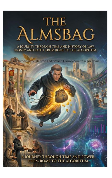 Logo: "The Almsbag", darunter ein Mönch mit einem leuchtenden Geldbeutel, Szenen aus Geschichte und moderner Finanzwelt.