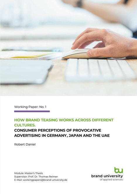 Working Paper: No. 1. Thema über Marken-Teasing in verschiedenen Kulturen. Unten rechts ist ein Logo der Brand University.