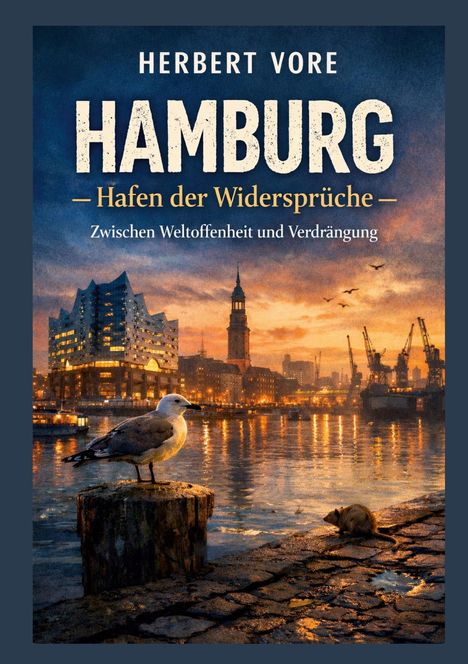 HERBERT VORE, HAMBURG, Hafen der Widersprüche, Zwischen Weltoffenheit und Verdrängung. Abendliche Hafenansicht mit Möwe und Ratte.