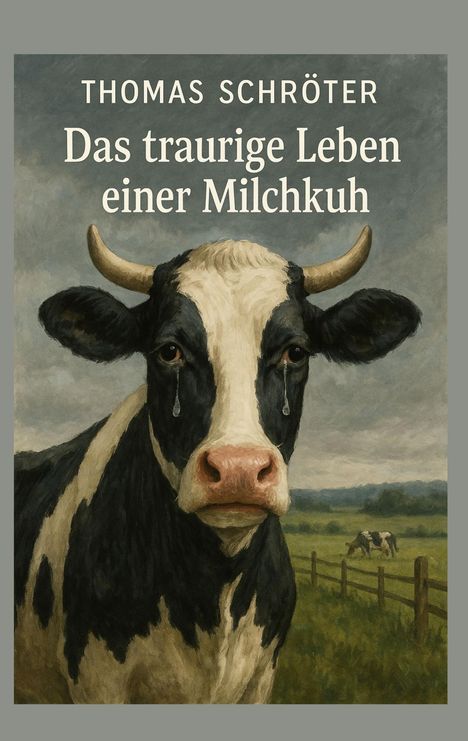 "Thomas Schröter: Das traurige Leben einer Milchkuh." Illustration mit einer weinenden Kuh im Vordergrund, Wiesen im Hintergrund.