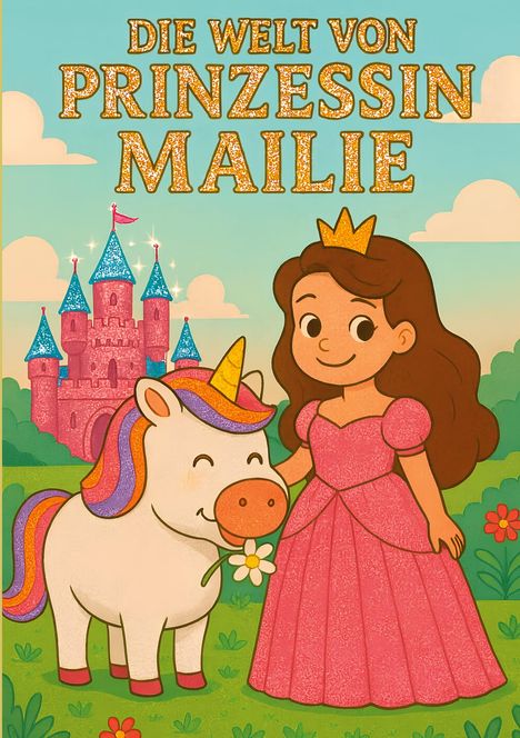 „DIE WELT VON PRINZESSIN MAILIE“ in glitzernder Schrift. Illustration: Prinzessin mit Einhorn vor Märchenschloss.