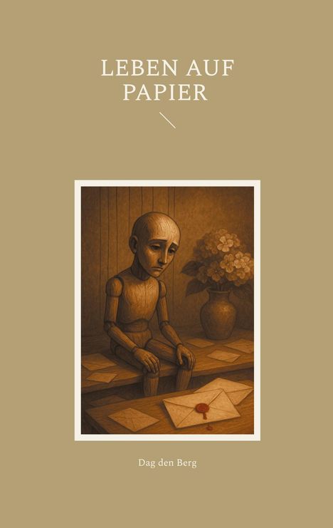 Text: "LEBEN AUF PAPIER" oben, "Dag den Berg" unten. Eine Illustration: Melancholische Holzpuppe sitzt neben Umschlägen.