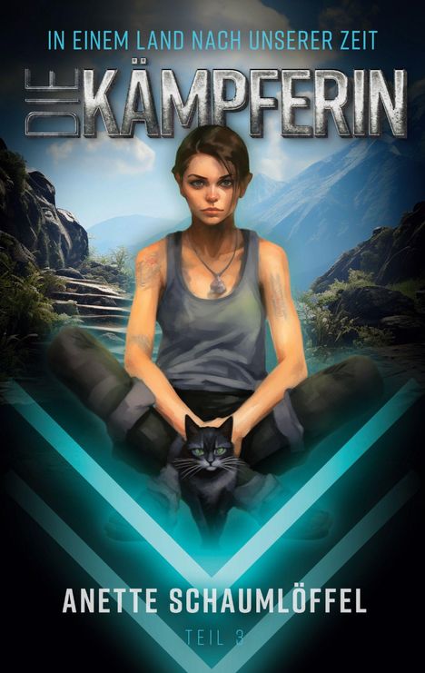 „IN EINEM LAND NACH UNSERER ZEIT“, „DIE KÄMPFERIN“, „ANETTE SCHAUMLÖFFEL“, „TEIL 3“. Frau im Tanktop mit Katze.