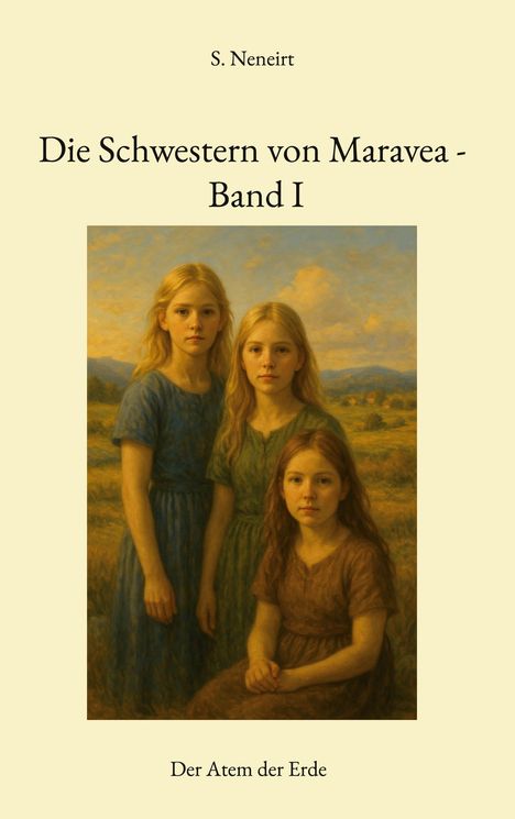 "Buchcover: 'Die Schwestern von Maravea - Band I' von S. Neneirt. Illustration von drei Mädchen in Kleidern vor Landschaft."