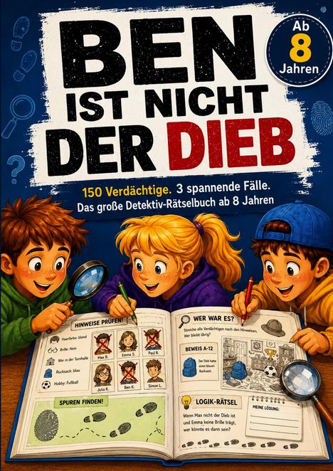 Titel: "Ben ist nicht der Dieb". Für Kinder ab 8. Drei Kinder prüfen Detektivrätsel in einem Buch mit Zeichnungen und Hinweisen.