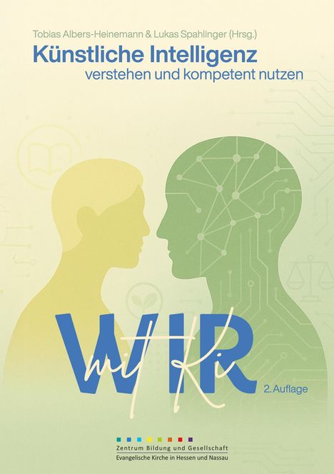 „Künstliche Intelligenz verstehen und kompetent nutzen“; Silhouetten von Mensch und KI; Text „WIR mit KI“.