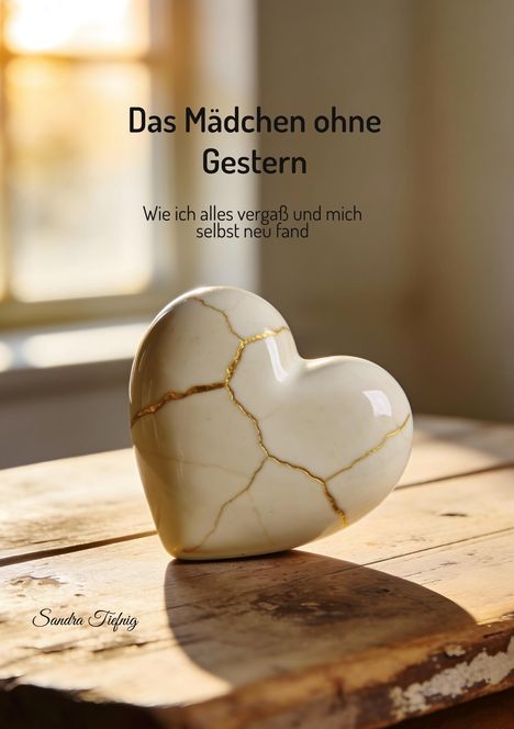 "Das Mädchen ohne Gestern. Wie ich alles vergaß und mich selbst neu fand." Ein Herz aus Keramik mit goldenen Rissen.