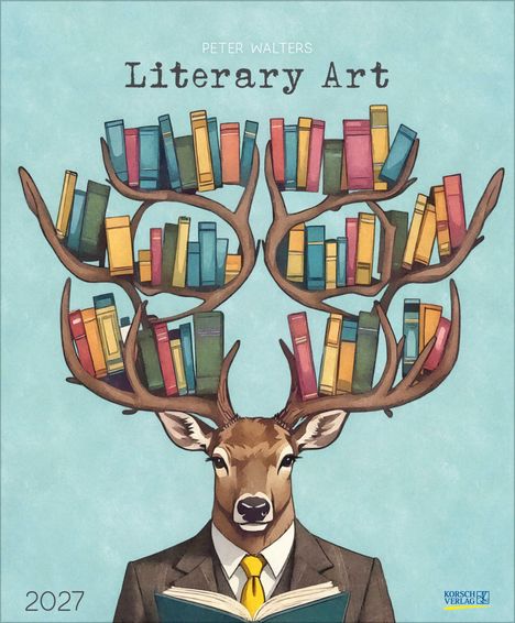 „Literary Art“ von Peter Walters. Ein Hirsch in Anzug, dessen Geweih Bücher-Regale trägt. Unten steht „2027“.