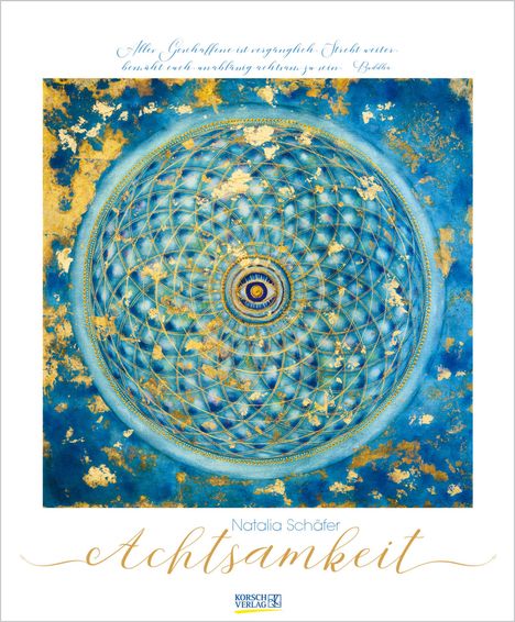 Zitat von Buddha und Titel "Achtsamkeit". Illustration einer blauen Mandala-Kugel mit goldenen Akzenten.