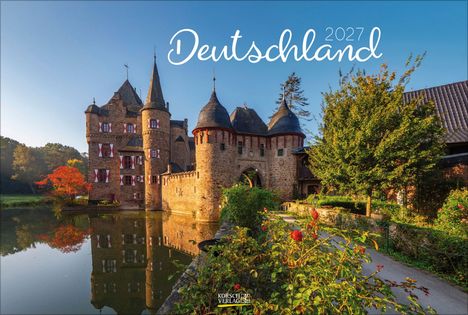 "Deutschland 2027" in eleganter Schrift. Ein malerisches, mittelalterliches Schloss mit Türmen und Wassergraben.