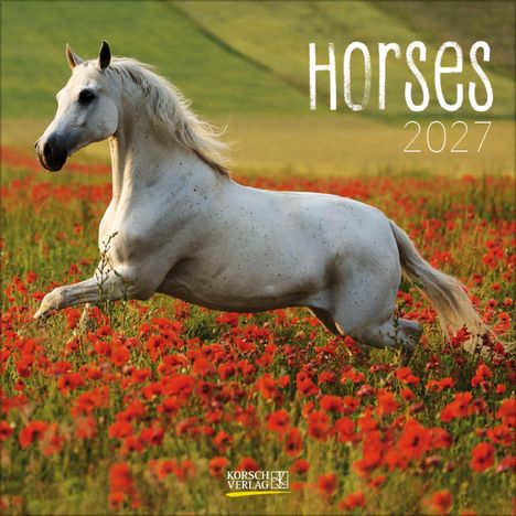 "Horses 2027" in weißer Schrift. Ein weißes Pferd galoppiert durch ein Feld voller roter Blumen.