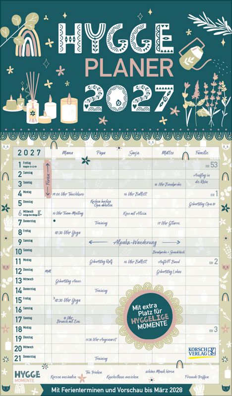 Planer mit "HYGGELIGE MOMENTE" und Kalender für 2027. Termine wie "Yoga", "Ballett", "Alpaka-Wanderung". Pastellfarben.