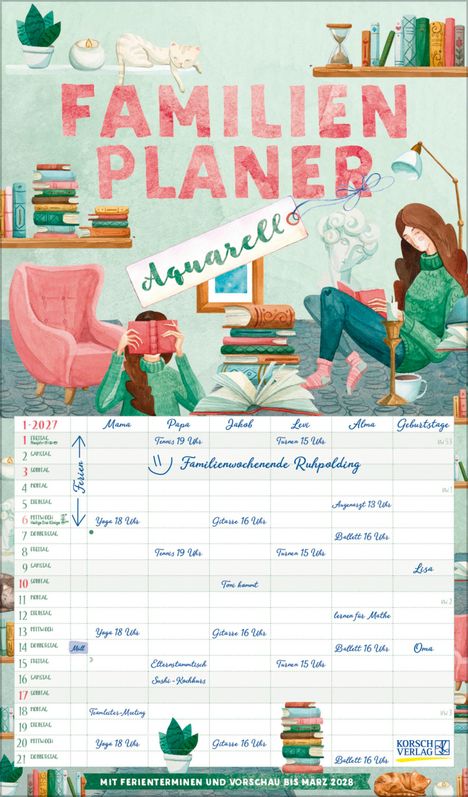 Überschrift „FAMILIENPLANER Aquarell“. Kalender mit Wochenplanung, Namen und Terminen. Illustration mit Büchern und Personen.