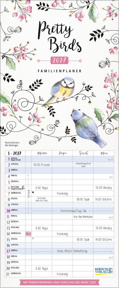 „Pretty Birds 2027 Familienplaner“. Blumen und Vögel zieren den Planer. Tabelle mit Terminen für Familienmitglieder.
