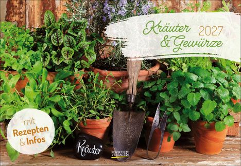 „Kräuter & Gewürze 2027“ steht prominent in einer Illustration aus grünen Kräutern in Tontöpfen.