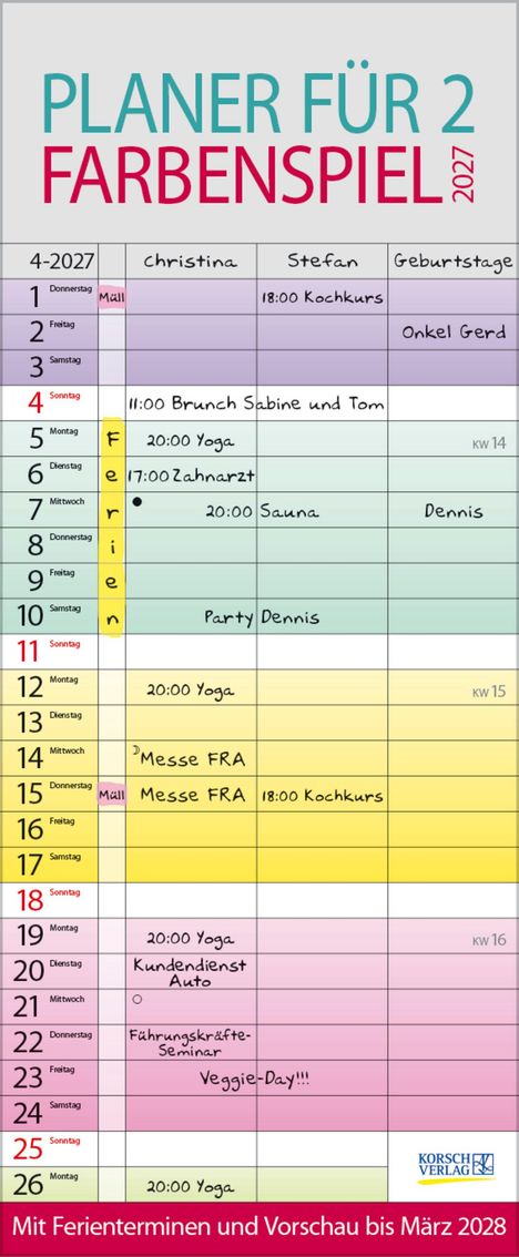 "PLANER FÜR 2 FARBENSPIEL 2027". Kalender mit Terminen wie "18:00 Kochkurs", "20:00 Yoga", "Messe FRA".